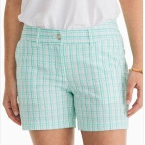 Southern Tide Caroline Cotton Seersucker Short in Bermuda Teal Gingham